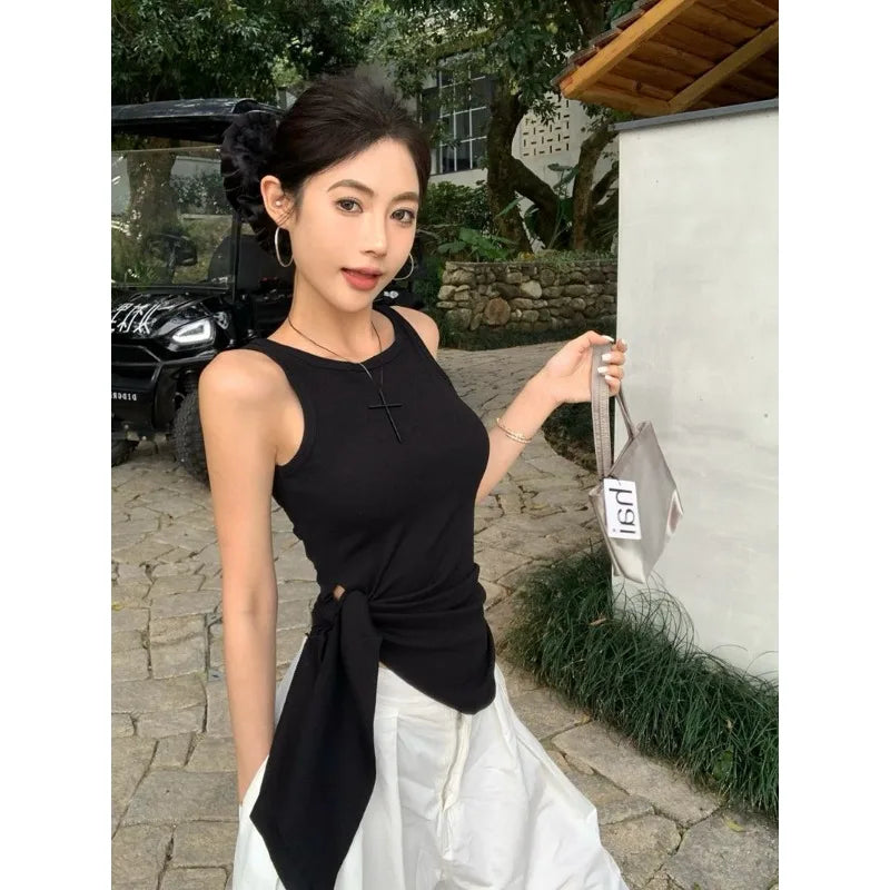 Women's Blue Ribbed Knit Tank Top Side Tie Asymmetrical Hem Sleeveless Casual Crop Top