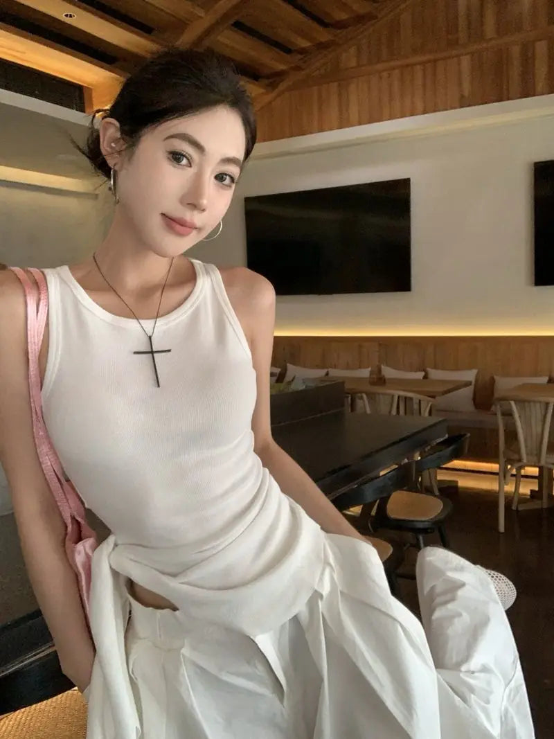 Women's Blue Ribbed Knit Tank Top Side Tie Asymmetrical Hem Sleeveless Casual Crop Top
