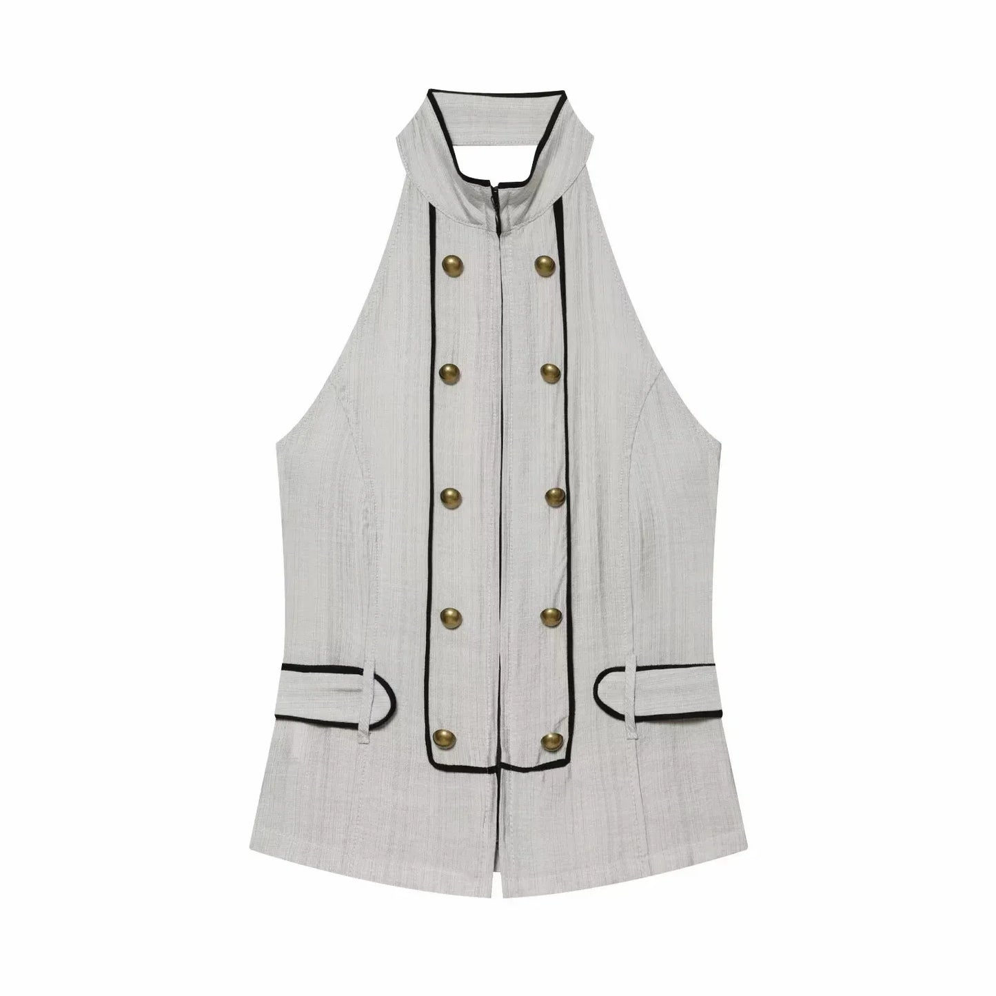 New Women Summer Elegant Silk Texture Tops Fashion Women Vacation Halter Backless Beach Style Lady Button Decor Casual Chic Tops