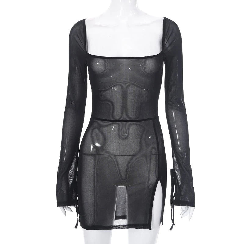 Square Collar Solid Mini Dress For Women Y2k Clothes Gauze Sexi Night Dress Hot Club Outfits Sheer Vestidos De Mujer Long Sleeve