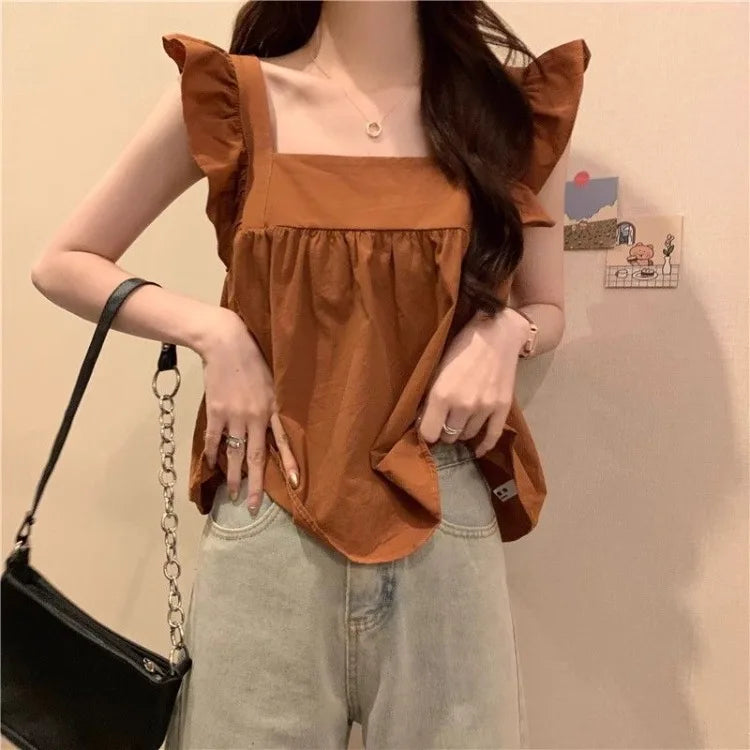 Women's Bow Tie Cami Top Summer Sleeveless Ruffle Hem Crop Top Vibrant Beachwear Loose Fit Casual Blouse