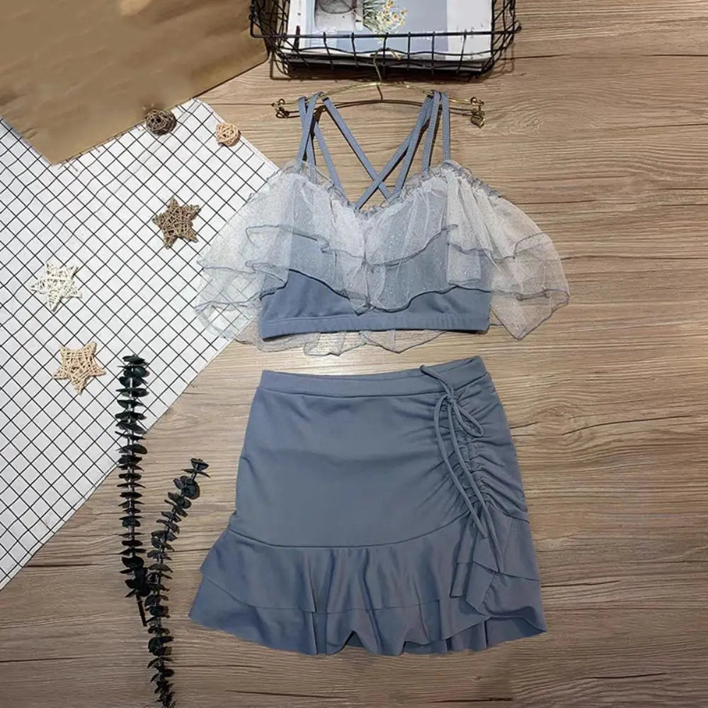 Ins Slim Fit A-line Skirt Swimsuit Off Shoulder Puff Ruffle Lace Ruffled Bathing Suit Beachwear Two Pieces Set Swimwear Swimming