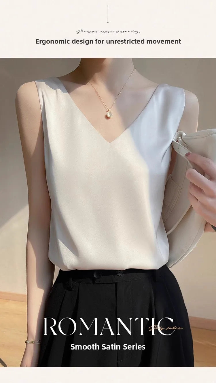 Silk Satin Vest Women's New 2025 Sleeveless V-neck Camisole Acetate Georgette Base Shirt Office Commute Style  Color