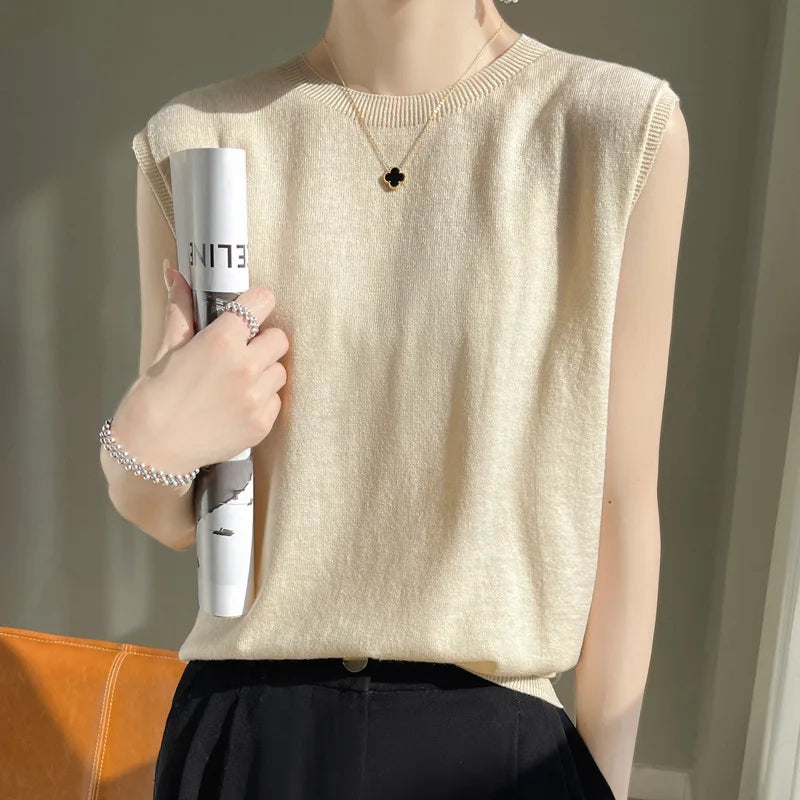 Women Knitted Tank Tops Round-neck Sleeveless Bottoming Shirts Spring Summer Tank Top Solid Soft Korean Fashion Lady Knit Top