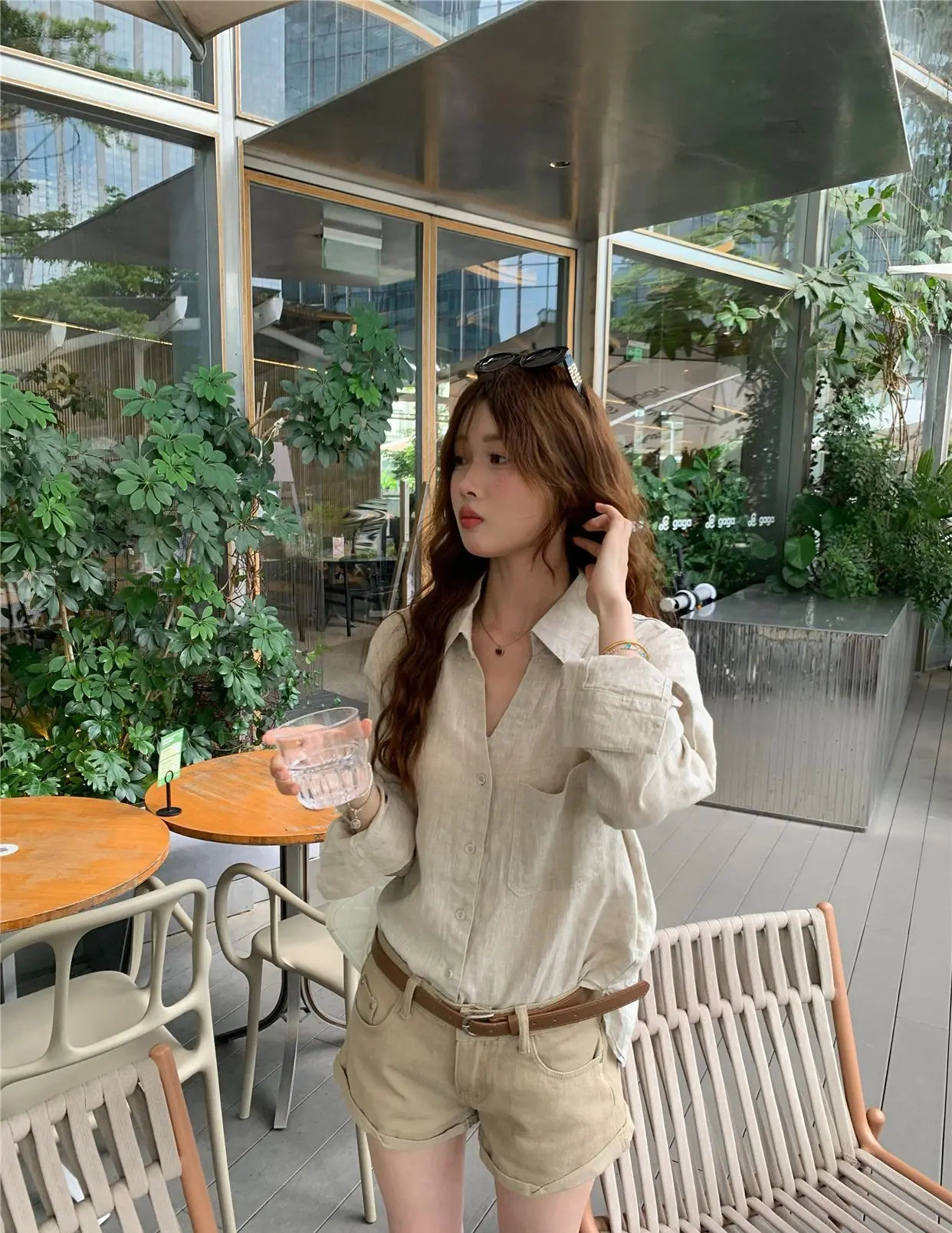 Women Old Money Linen Shirt Lapel V Neck Roll Tab Sleeve Loose Oversized Sun Protection Casual Blouse Summer Tops