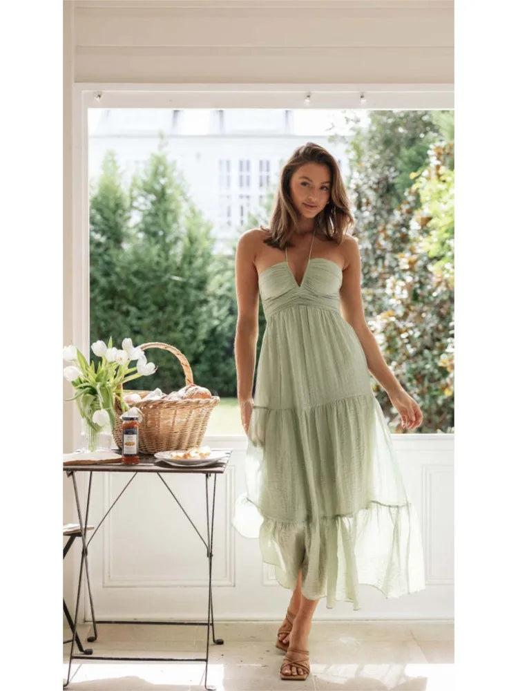 Summer Holiday Long Dresses 2025 Women's Spaghetti Strap V Neck Chic Sleeveless Flowing Dress Vacation Beach Vestidos Para Mujer