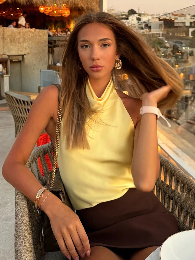 HH Spring Elegant Women Satin Halter Tops 2026 Summer Backless Off Shoulder Corset Vest Female Fashion Slim Crop Tank Top