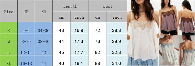Ladies Adjustable Strap Lace Trim Satin Cami Top V-Neck Sheer Floral Lace Neckline Flowy Swing Sleeveless Blouse Casual Wear