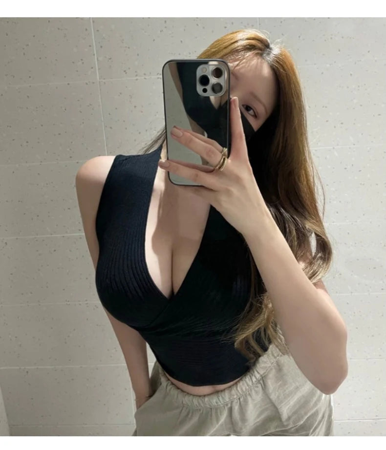 Sexy Deep V-Neck Knitted Crop Top Slim Fit Sleeveless Short Vest Summer New Style Zilihua Commute Style Pure Color Base Shirt