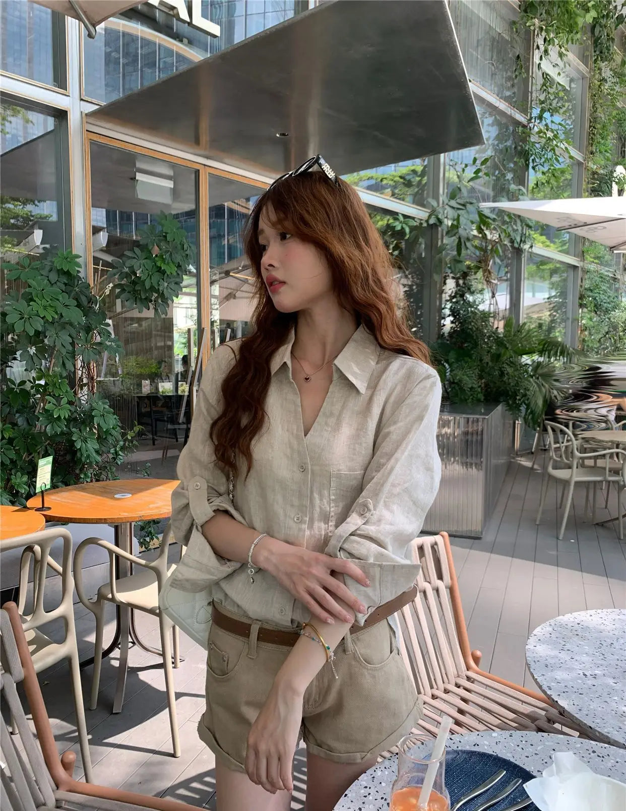 Women Old Money Linen Shirt Lapel V Neck Roll Tab Sleeve Loose Oversized Sun Protection Casual Blouse Summer Tops