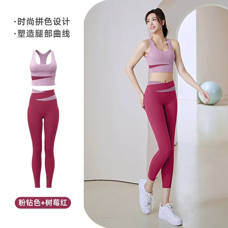 Women Yoga Sets Gym Fitness Suits Shockproof Sports Bra Crop Top High Waist Pants 2 Pcs Tracksuit Lady Butt-lifted Sportswear