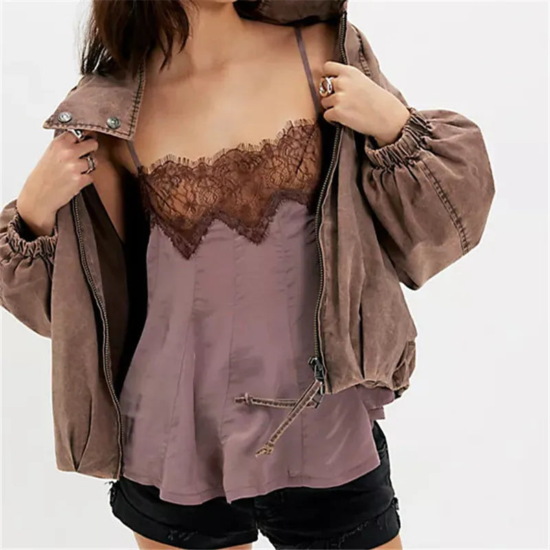 Ladies Adjustable Strap Lace Trim Satin Cami Top V-Neck Sheer Floral Lace Neckline Flowy Swing Sleeveless Blouse Casual Wear