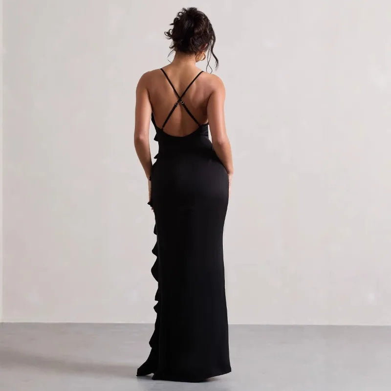 Sexy Ruffles Sling Maxi Dress Women Sleeveless Backless V-neck Party Evening Dresses French Summer Lady Elegant Slim Split Robes