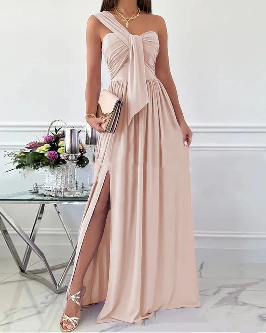 Asymmetric One Shoulder Ruched Bow Long Dress with Side Slit Sleeveless Pleated A-Line Evening Gown for Women