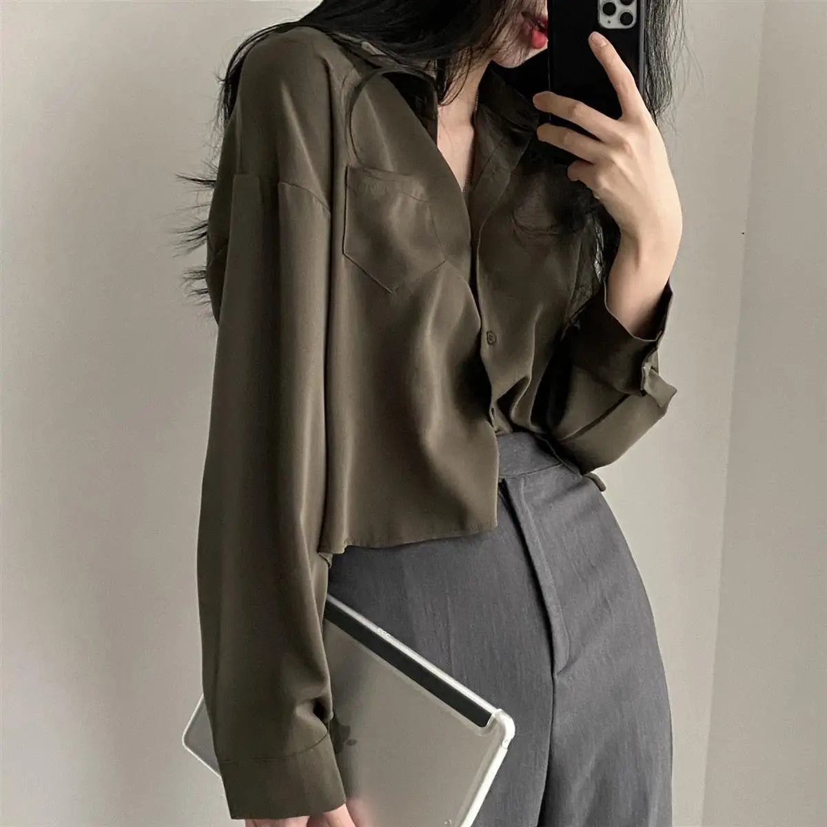 Simple Single Breasted Loose Casual Solid Long Sleeved Shirt And Blouse Office Lady Trend Short Top Simple Elegant White Clothes