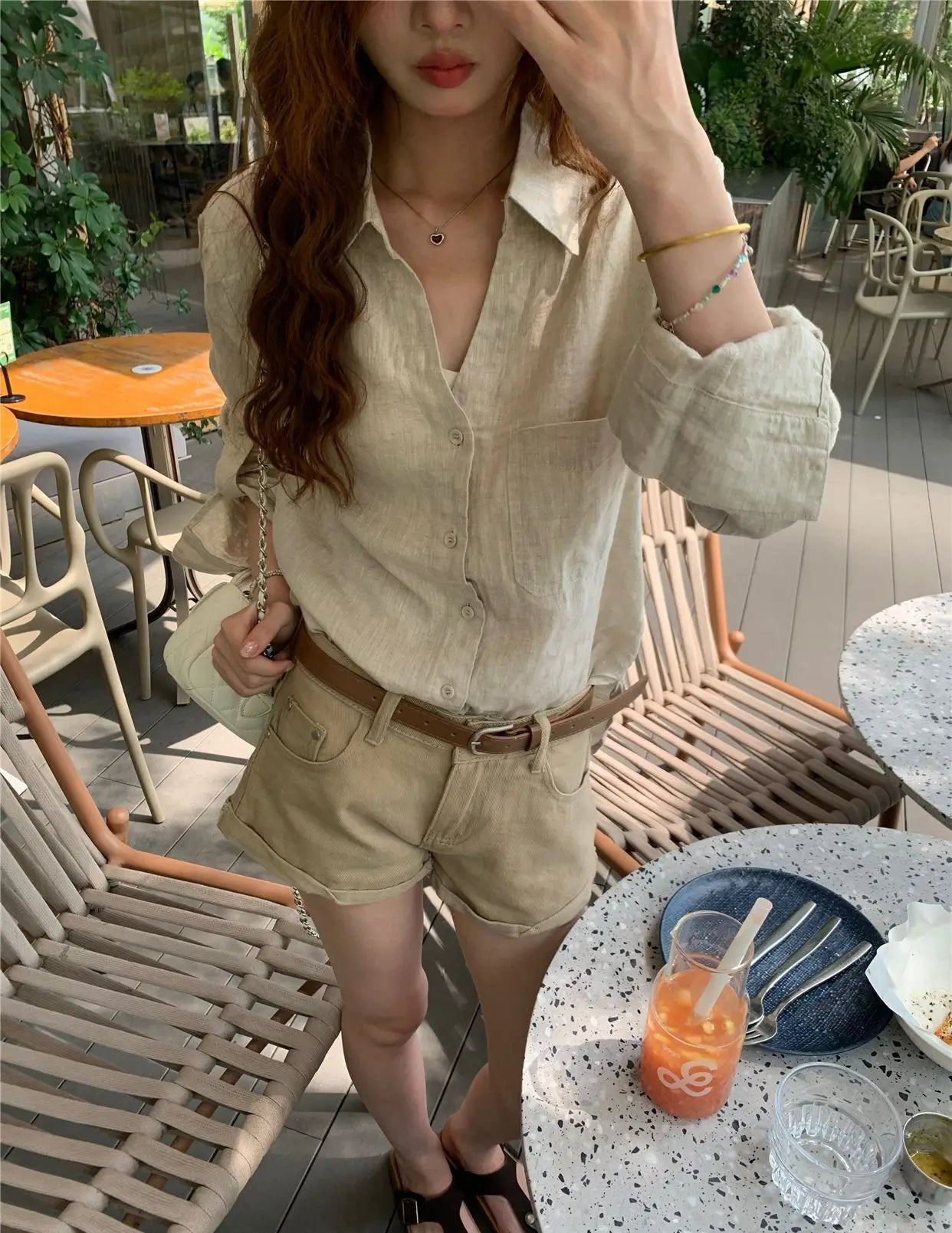 Women Old Money Linen Shirt Lapel V Neck Roll Tab Sleeve Loose Oversized Sun Protection Casual Blouse Summer Tops