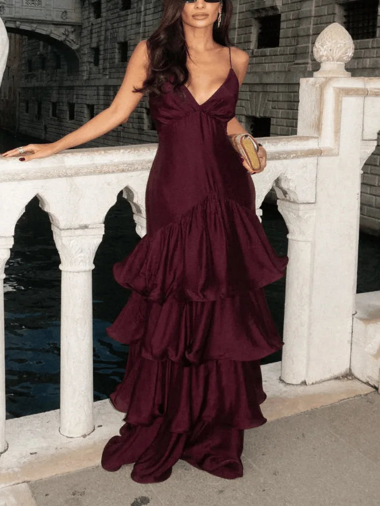 Women's French Deep V Tube Waist Dress Suspender Cake Dress Temperament Simple Style Sexy Solid Color Vestidos Spaghetti Strap