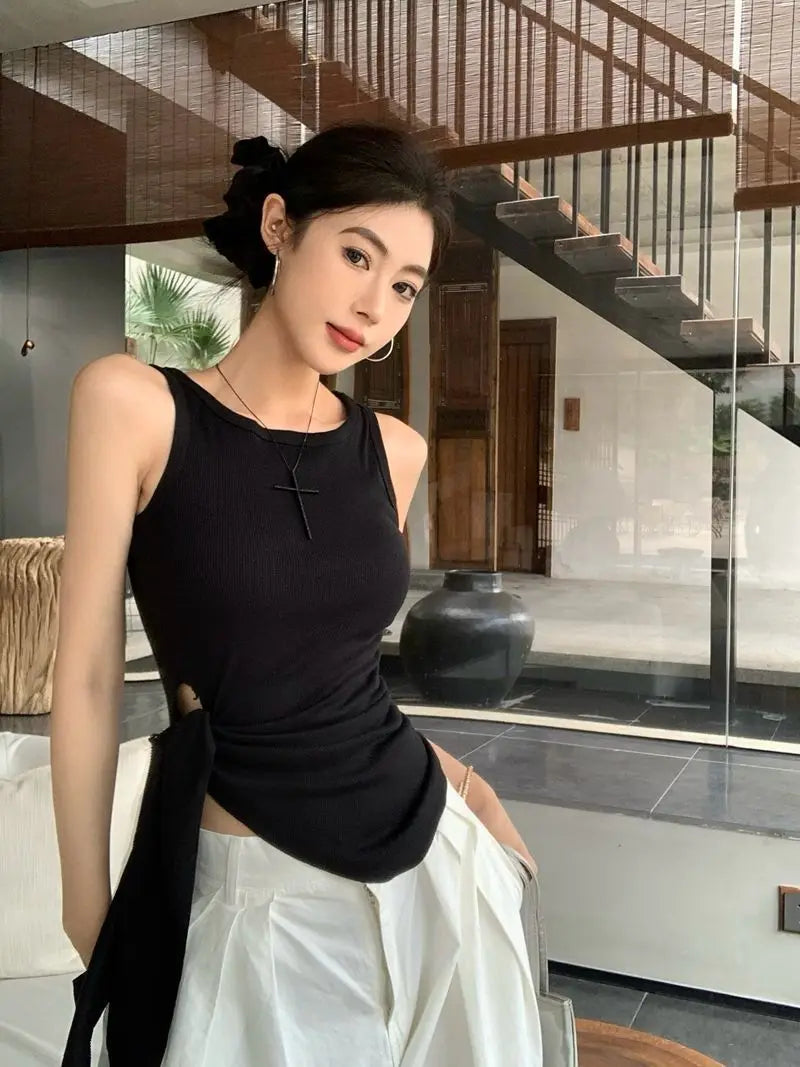 Women's Blue Ribbed Knit Tank Top Side Tie Asymmetrical Hem Sleeveless Casual Crop Top