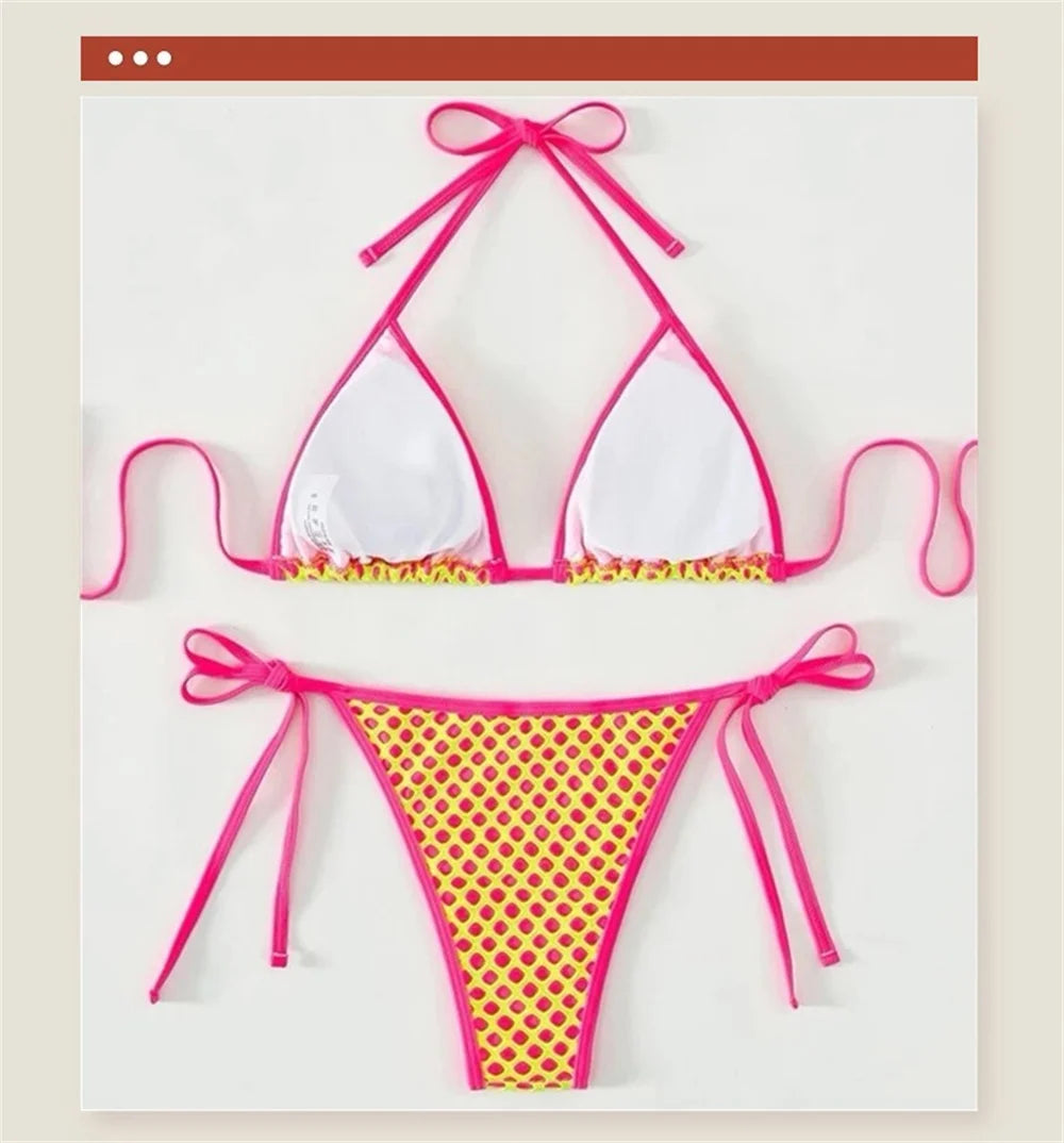 Y2K Holes String Bikini Thong Halter Backless Sexy Triangle Mesh Swimsuit Vacation Swimwear Push Up Women Beachwear Bathing Suit