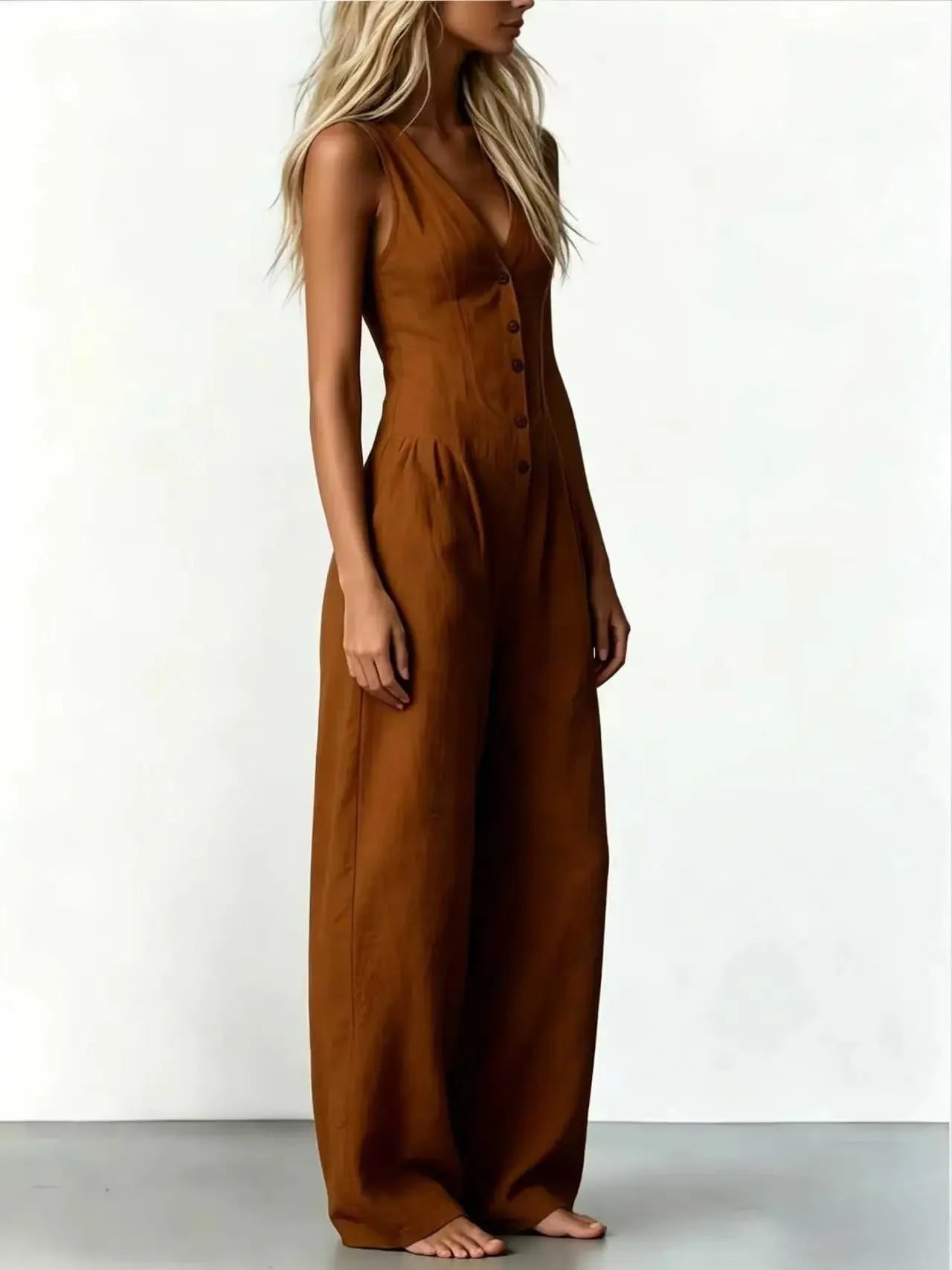 Women V Neck Spaghetti Strap Denim Jumpsuit High Waist Pleated Wide Leg Long Pants with Pockets Casual Vacation Solid Overalls