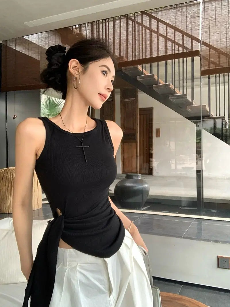 Women's Blue Ribbed Knit Tank Top Side Tie Asymmetrical Hem Sleeveless Casual Crop Top