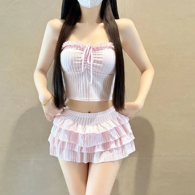 Y2k Harajuku Bikini Sweet 2 Piece Sets Elegant Slim Swimsuit 2000s Swimwear Vintage Beachwear Beach Party Style Swimsuit Women