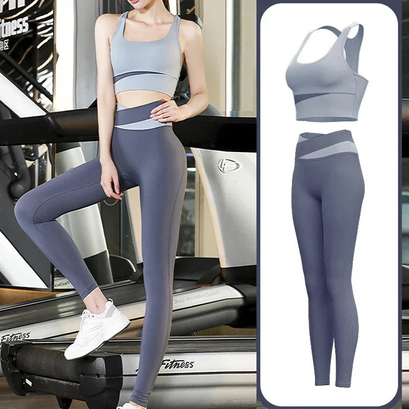 Women Yoga Sets Gym Fitness Suits Shockproof Sports Bra Crop Top High Waist Pants 2 Pcs Tracksuit Lady Butt-lifted Sportswear