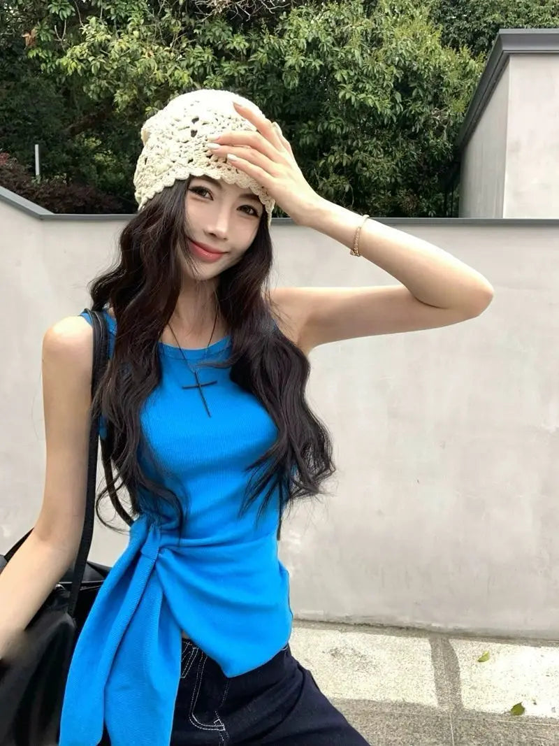 Women's Blue Ribbed Knit Tank Top Side Tie Asymmetrical Hem Sleeveless Casual Crop Top