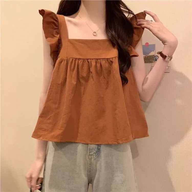 Women's Bow Tie Cami Top Summer Sleeveless Ruffle Hem Crop Top Vibrant Beachwear Loose Fit Casual Blouse