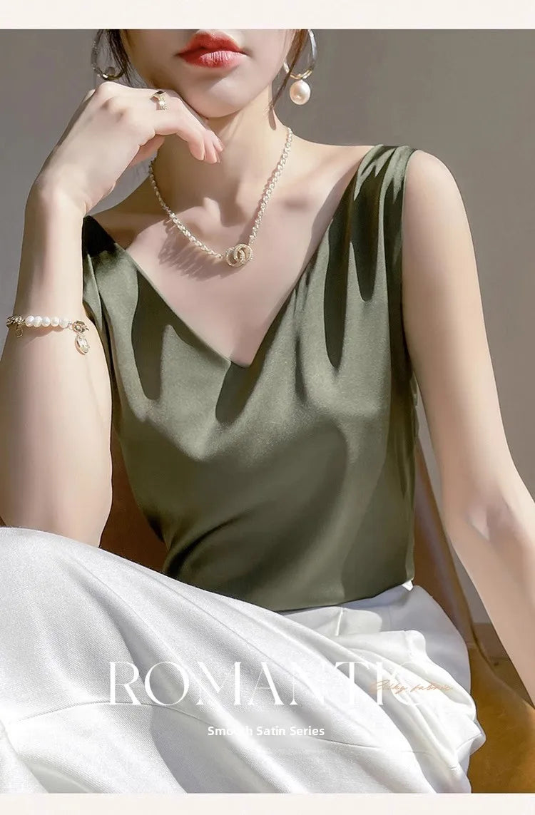 Silk Satin Vest Women's New 2025 Sleeveless V-neck Camisole Acetate Georgette Base Shirt Office Commute Style  Color