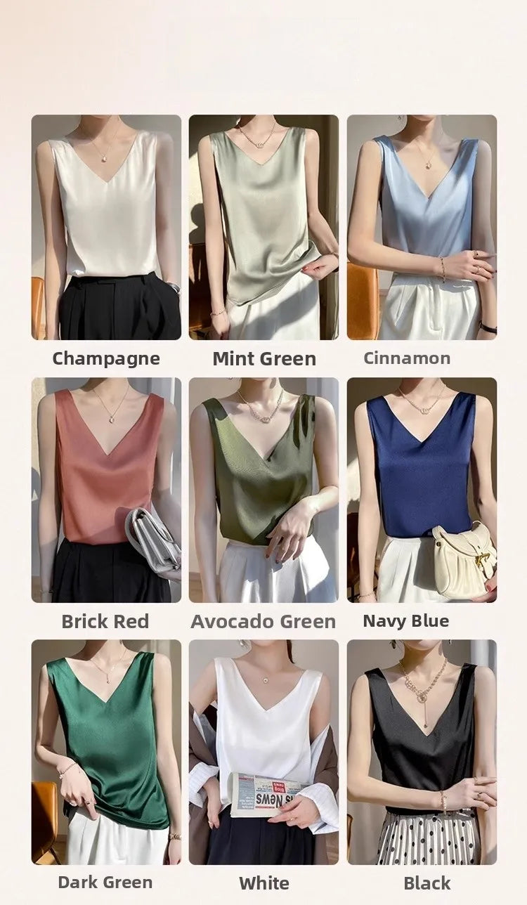 Silk Satin Vest Women's New 2025 Sleeveless V-neck Camisole Acetate Georgette Base Shirt Office Commute Style  Color
