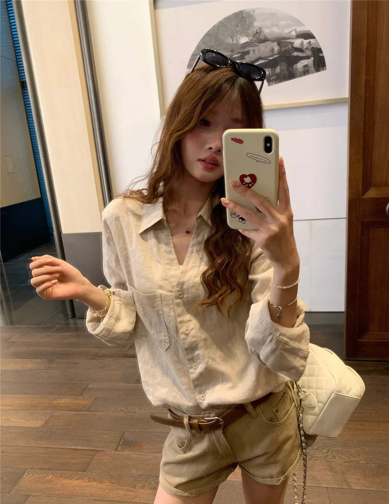 Women Old Money Linen Shirt Lapel V Neck Roll Tab Sleeve Loose Oversized Sun Protection Casual Blouse Summer Tops