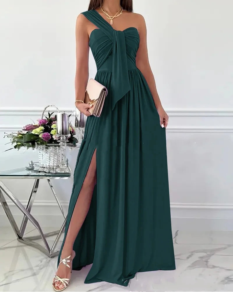 Asymmetric One Shoulder Ruched Bow Long Dress with Side Slit Sleeveless Pleated A-Line Evening Gown for Women