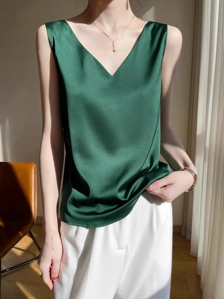 Silk Satin Vest Women's New 2025 Sleeveless V-neck Camisole Acetate Georgette Base Shirt Office Commute Style  Color