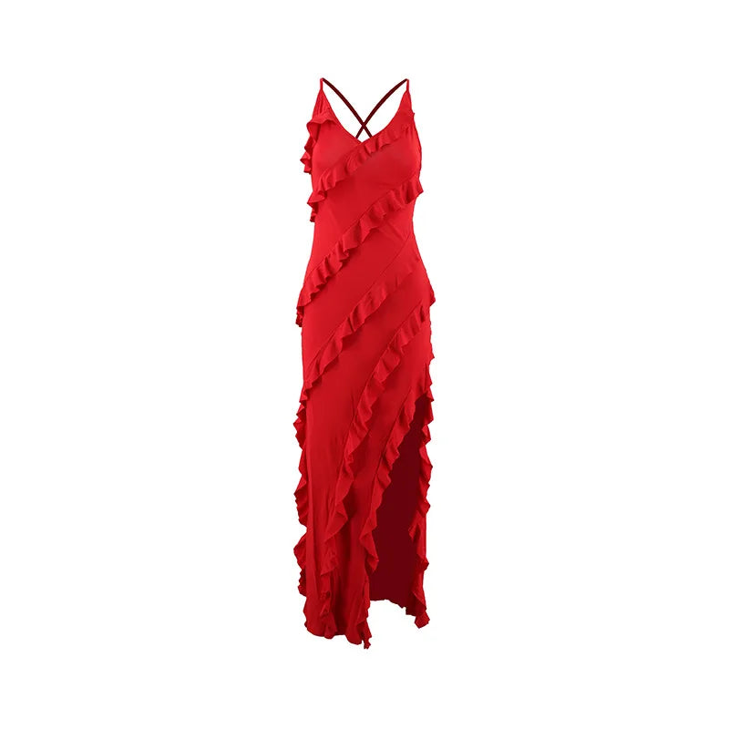 Sexy Ruffles Sling Maxi Dress Women Sleeveless Backless V-neck Party Evening Dresses French Summer Lady Elegant Slim Split Robes