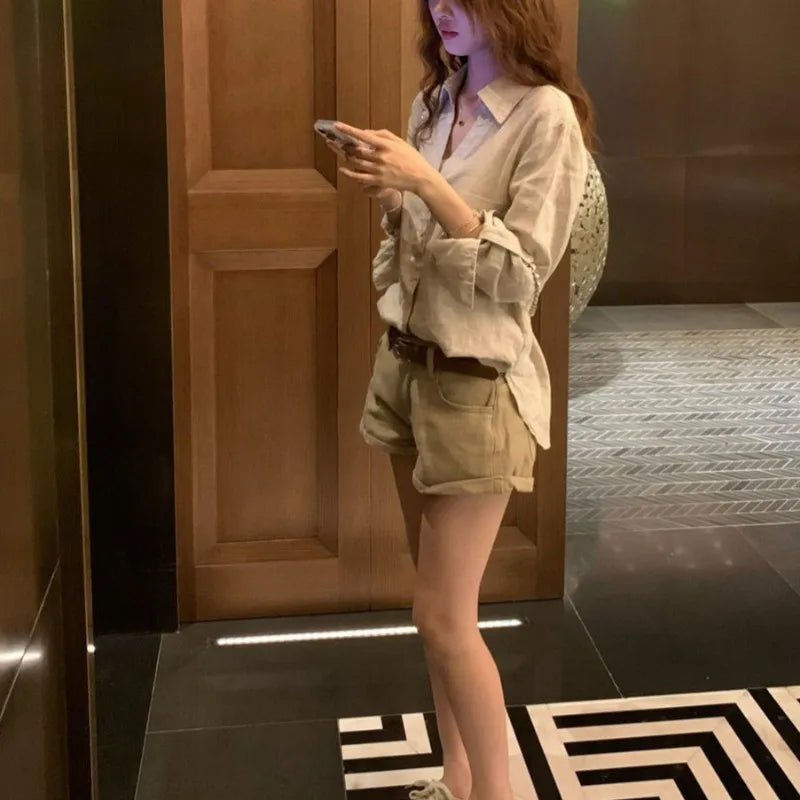 Women Old Money Linen Shirt Lapel V Neck Roll Tab Sleeve Loose Oversized Sun Protection Casual Blouse Summer Tops