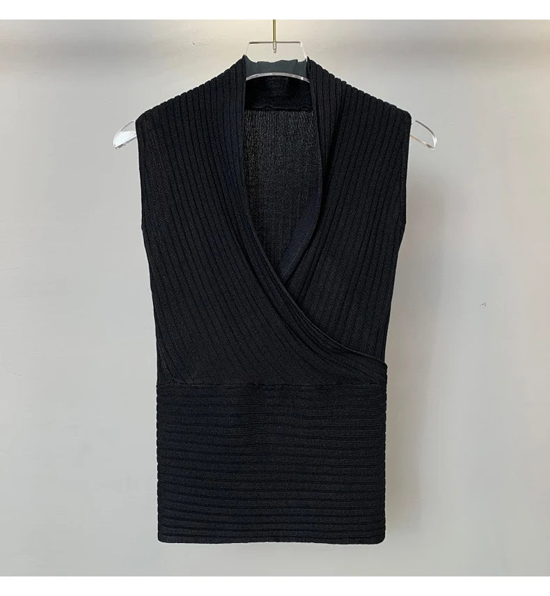 Sexy Deep V-Neck Knitted Crop Top Slim Fit Sleeveless Short Vest Summer New Style Zilihua Commute Style Pure Color Base Shirt