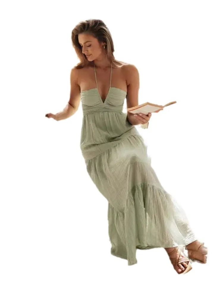 Summer Holiday Long Dresses 2025 Women's Spaghetti Strap V Neck Chic Sleeveless Flowing Dress Vacation Beach Vestidos Para Mujer