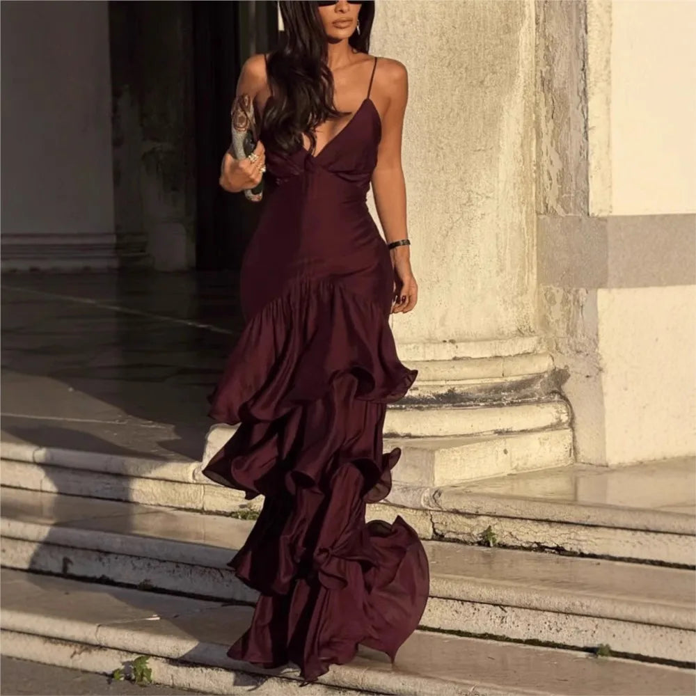 Women's French Deep V Tube Waist Dress Suspender Cake Dress Temperament Simple Style Sexy Solid Color Vestidos Spaghetti Strap