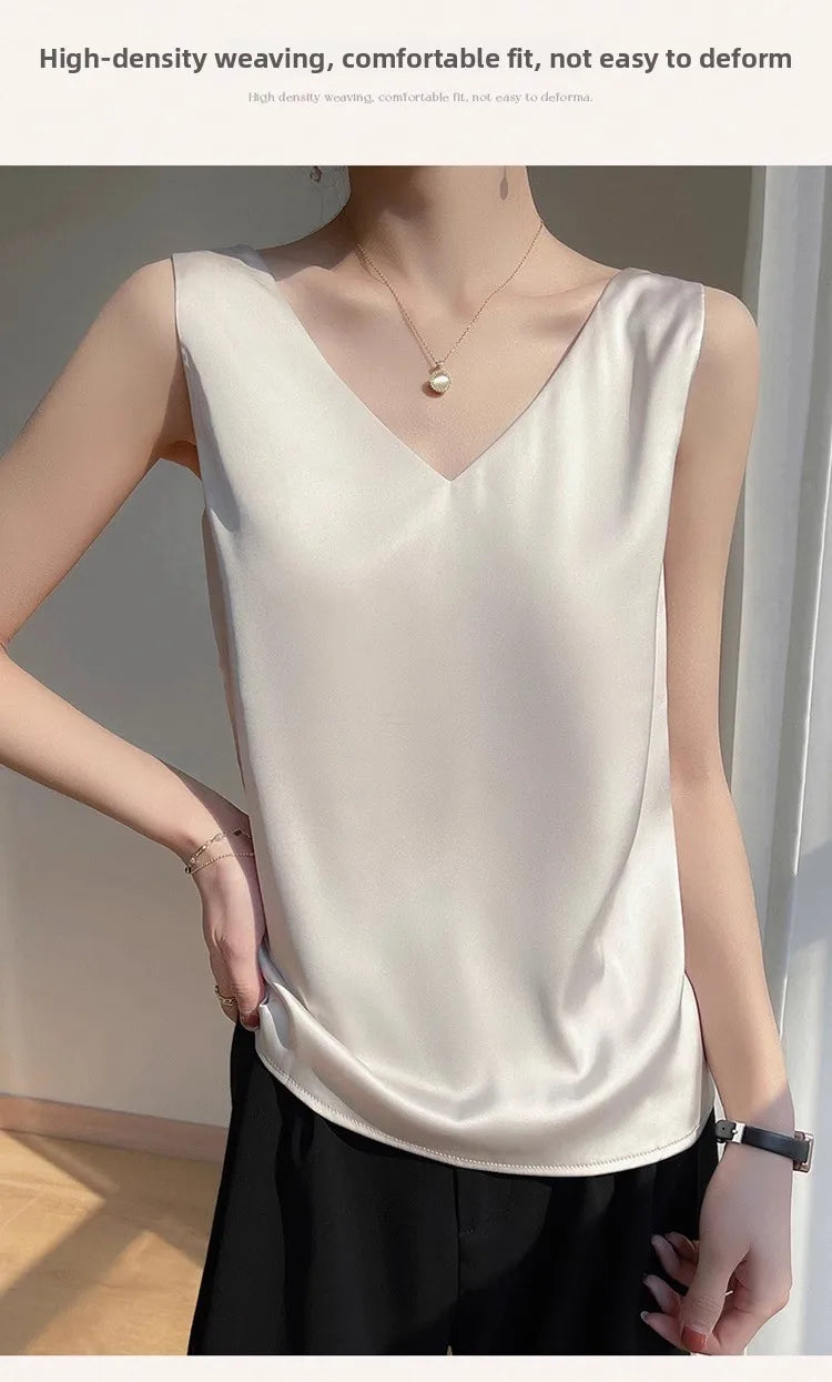 Silk Satin Vest Women's New 2025 Sleeveless V-neck Camisole Acetate Georgette Base Shirt Office Commute Style  Color