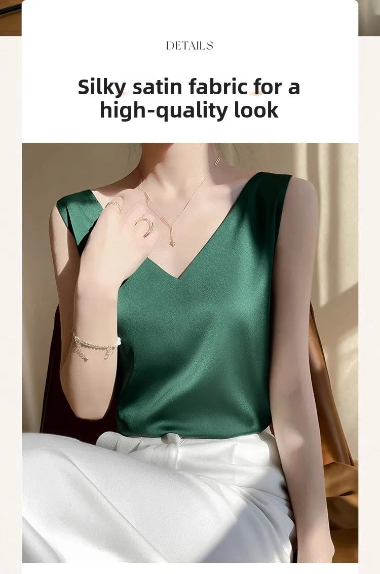 Silk Satin Vest Women's New 2025 Sleeveless V-neck Camisole Acetate Georgette Base Shirt Office Commute Style  Color