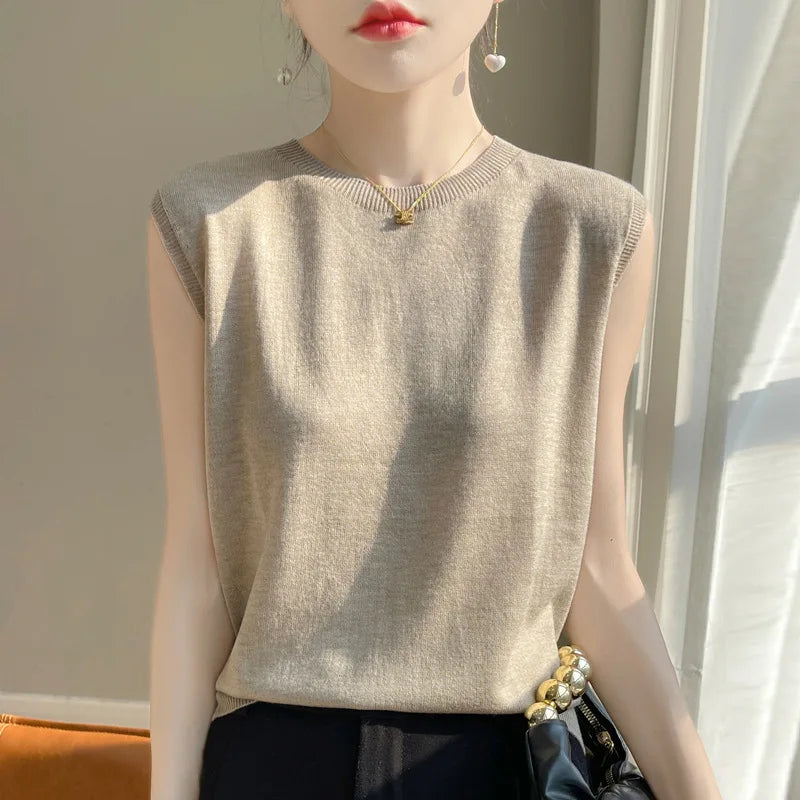 Women Knitted Tank Tops Round-neck Sleeveless Bottoming Shirts Spring Summer Tank Top Solid Soft Korean Fashion Lady Knit Top