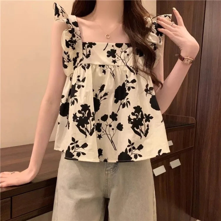 Women's Bow Tie Cami Top Summer Sleeveless Ruffle Hem Crop Top Vibrant Beachwear Loose Fit Casual Blouse