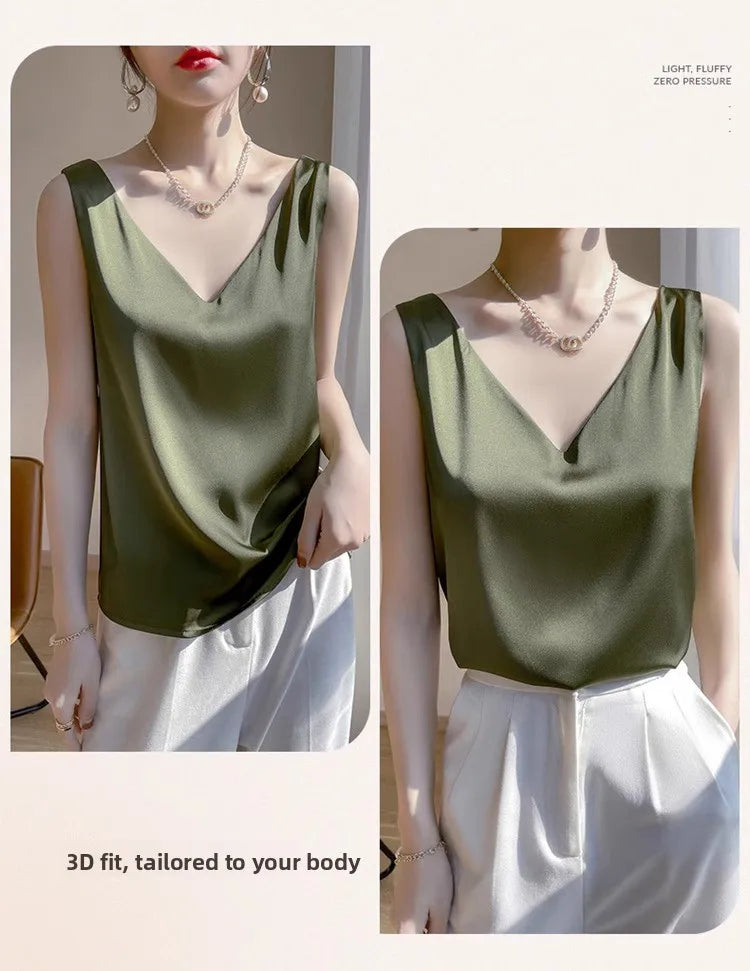 Silk Satin Vest Women's New 2025 Sleeveless V-neck Camisole Acetate Georgette Base Shirt Office Commute Style  Color