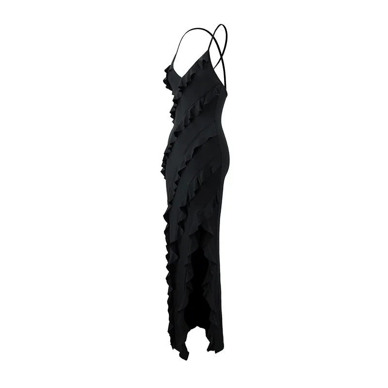 Sexy Ruffles Sling Maxi Dress Women Sleeveless Backless V-neck Party Evening Dresses French Summer Lady Elegant Slim Split Robes