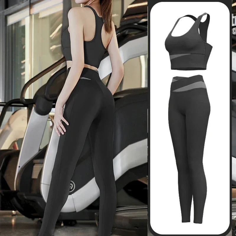Women Yoga Sets Gym Fitness Suits Shockproof Sports Bra Crop Top High Waist Pants 2 Pcs Tracksuit Lady Butt-lifted Sportswear