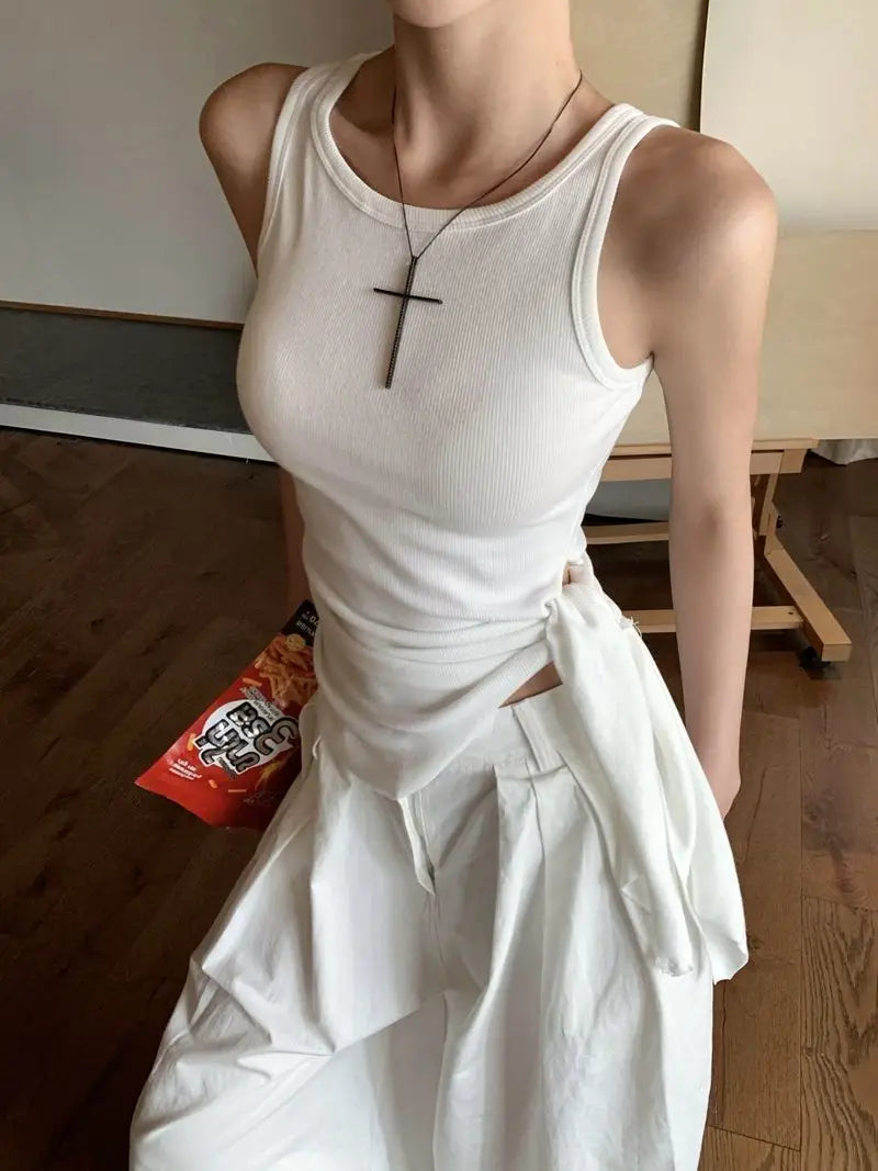 Women's Blue Ribbed Knit Tank Top Side Tie Asymmetrical Hem Sleeveless Casual Crop Top
