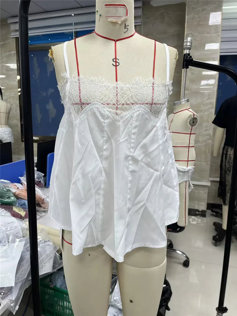 Ladies Adjustable Strap Lace Trim Satin Cami Top V-Neck Sheer Floral Lace Neckline Flowy Swing Sleeveless Blouse Casual Wear