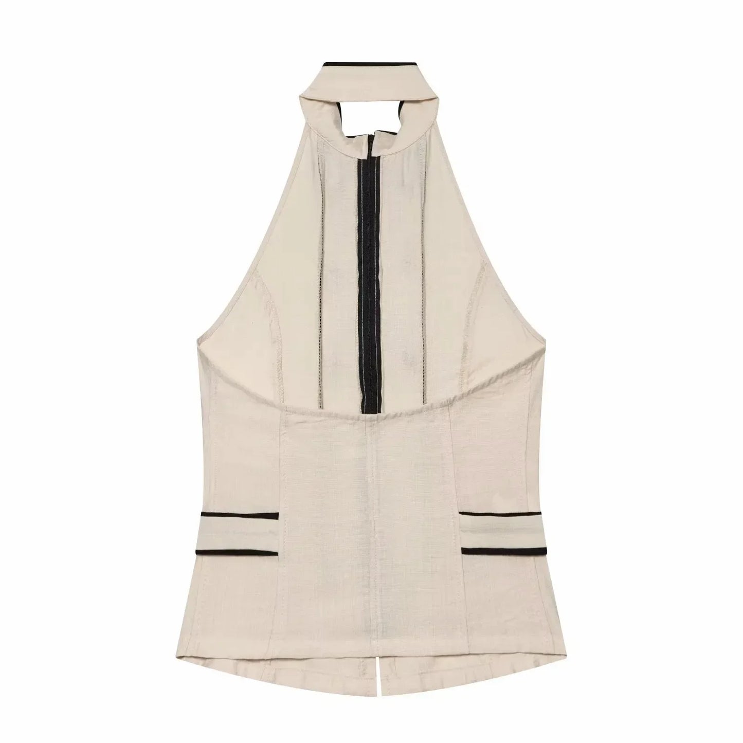 New Women Summer Elegant Silk Texture Tops Fashion Women Vacation Halter Backless Beach Style Lady Button Decor Casual Chic Tops