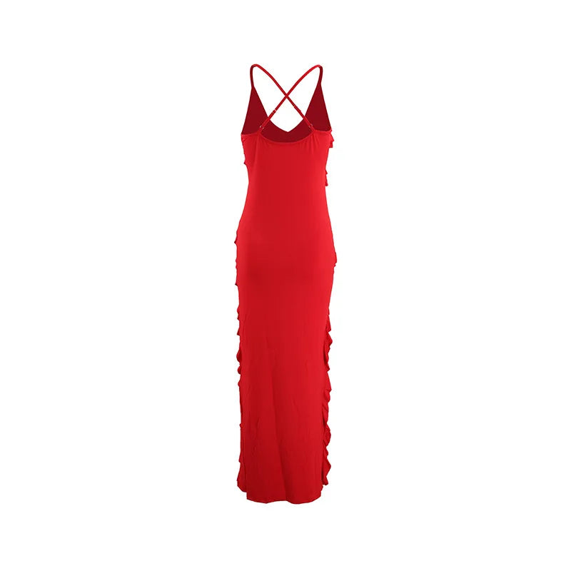 Sexy Ruffles Sling Maxi Dress Women Sleeveless Backless V-neck Party Evening Dresses French Summer Lady Elegant Slim Split Robes